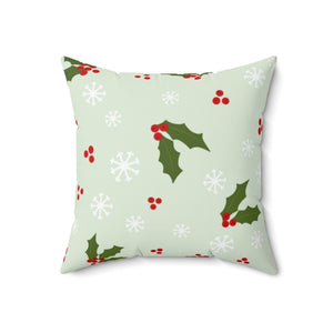 Green Polyester Square Holiday Pillowcase - Holly & Snowflakes