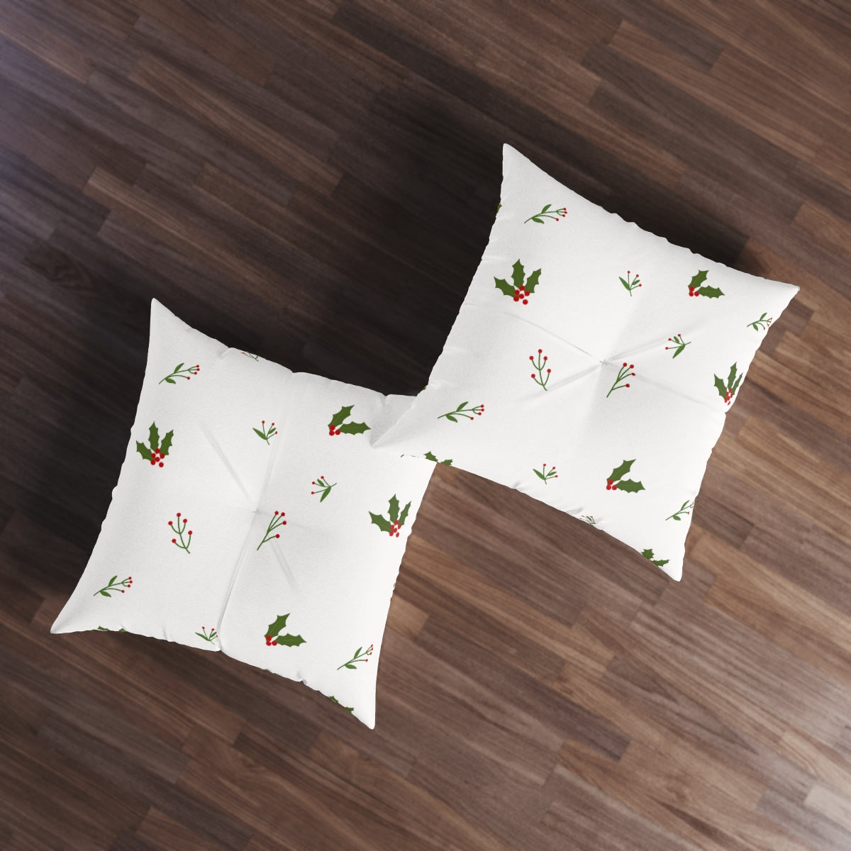 White Square Tufted Holiday Floor Pillow - Holly