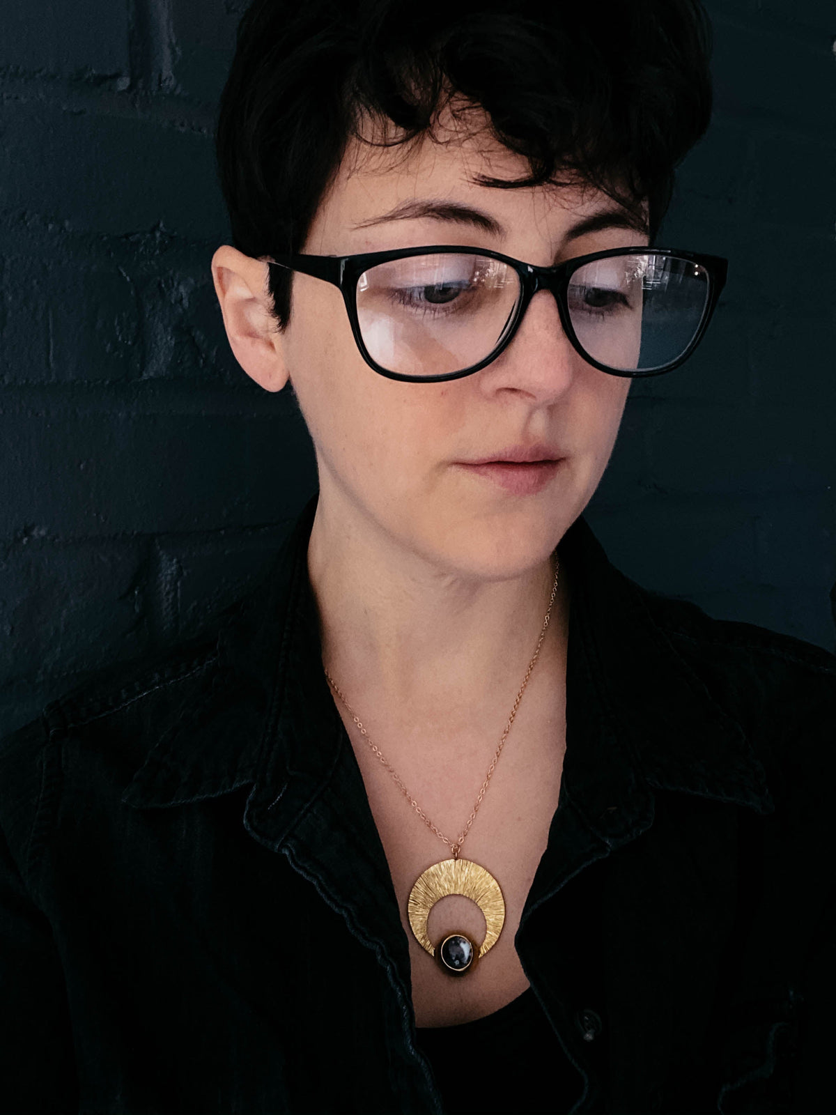 Crescent Moon Pendant with Brass &amp; Dendritic Agate