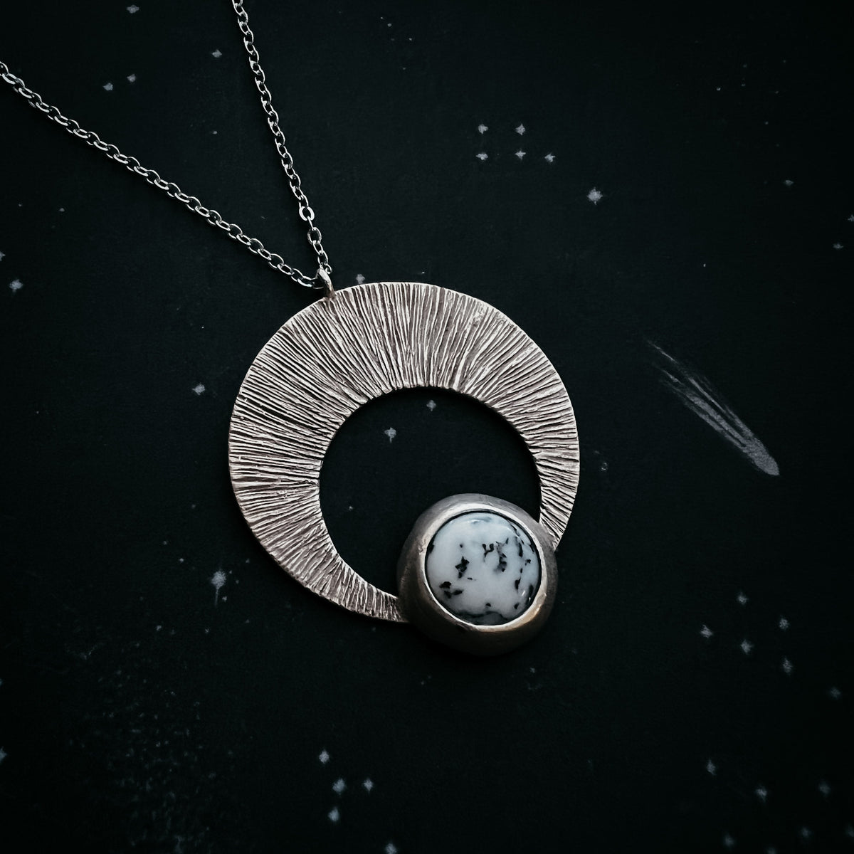 Crescent Moon Pendant with Brass &amp; Dendritic Agate