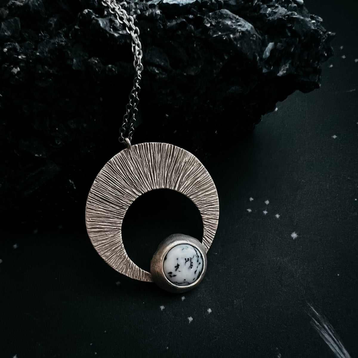 Crescent Moon Pendant with Brass &amp; Dendritic Agate