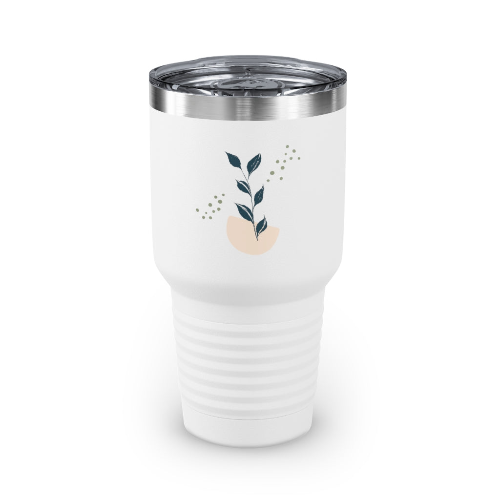 Metanoia Wellness - 30oz Blue Leaves Ringneck Tumbler in White - Front View