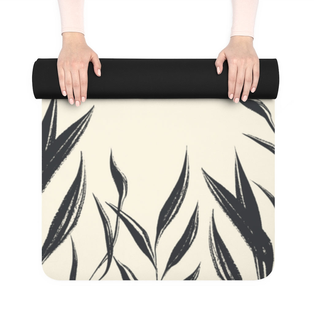 Metanoia Wellness - Black &amp; White Leaves Rubber Yoga Mat - Rolled Up