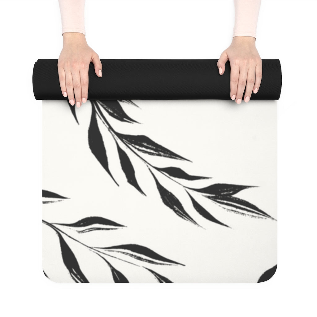 Metanoia Wellness - Black &amp; White Windy Leaves Rubber Yoga Mat - Rolled Up