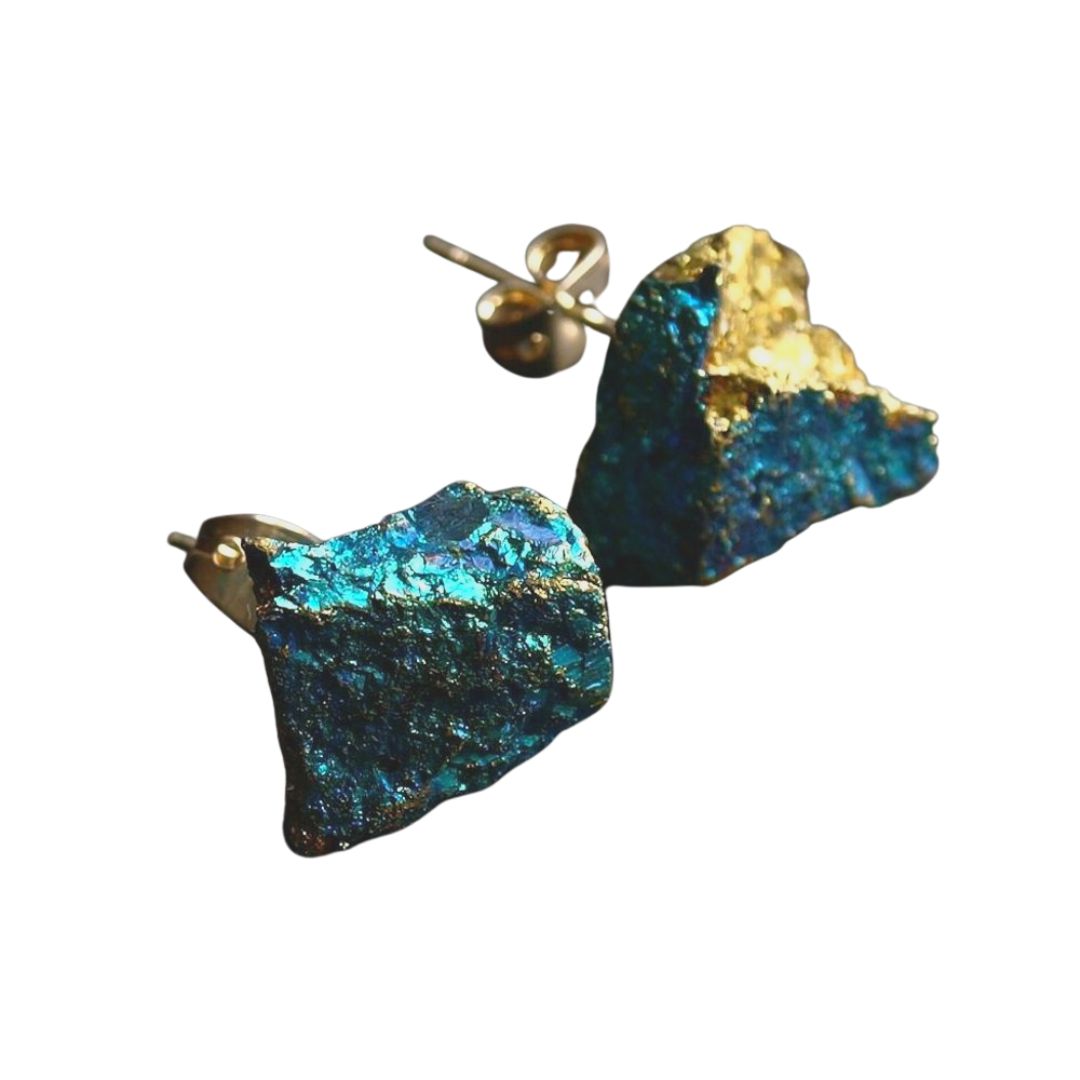 Raw Peacock Ore Geo Rock Stud Earrings - Metanoia Wellness