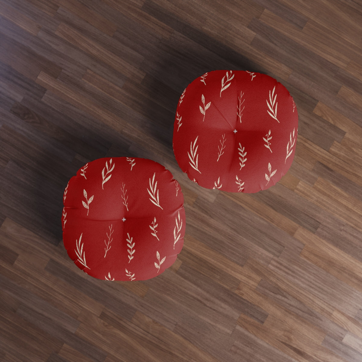 Red Round Tufted Holiday Floor Pillow - White Garland