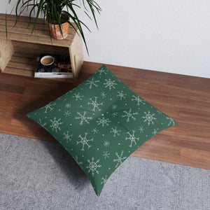 Green Square Tufted Holiday Floor Pillow - Snowflakes