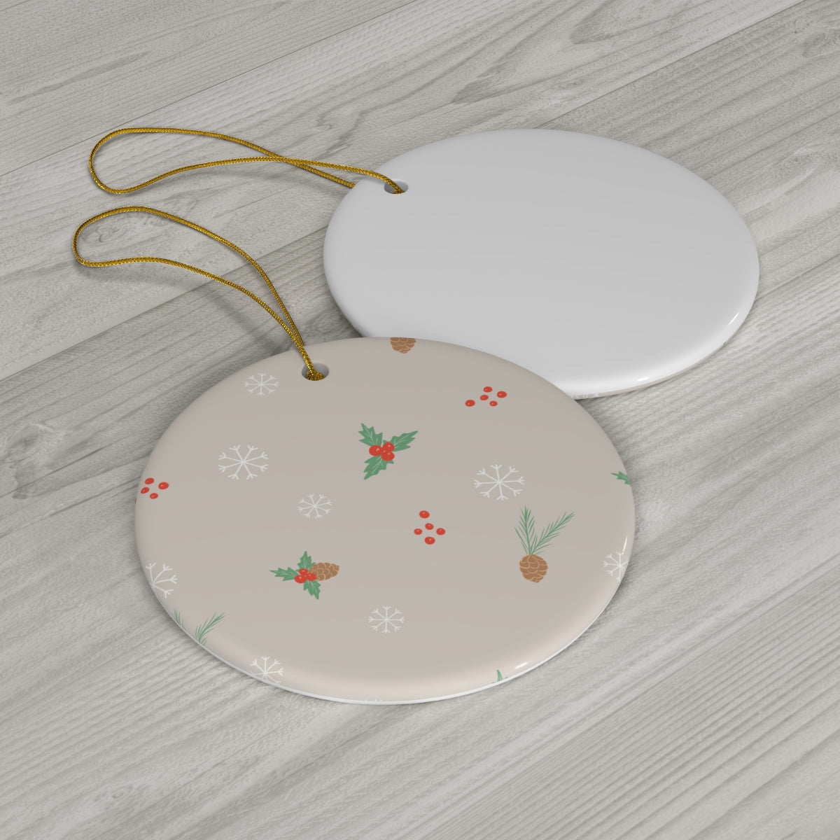 Ceramic Holiday Ornament - Pinecones & Holly