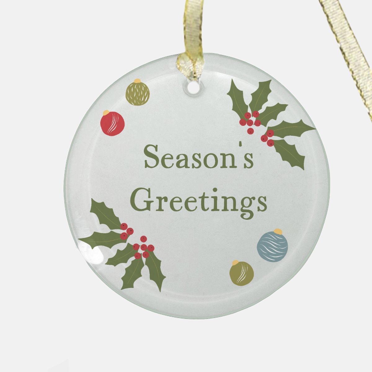 Round Clear Glass Holiday Ornament - Season&#39;s Greetings