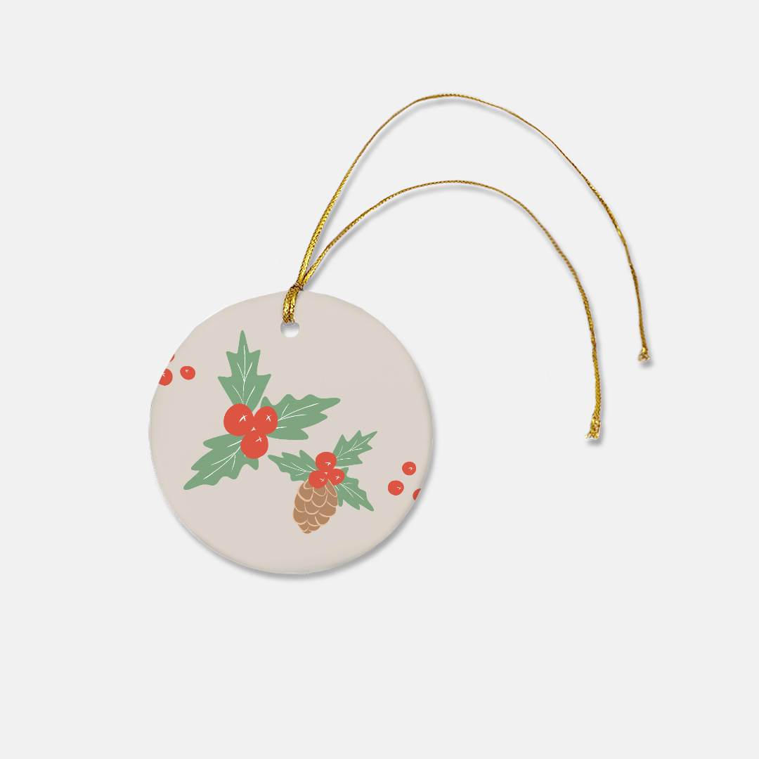 Round Ceramic Holiday Ornament - Pinecone &amp; Holly