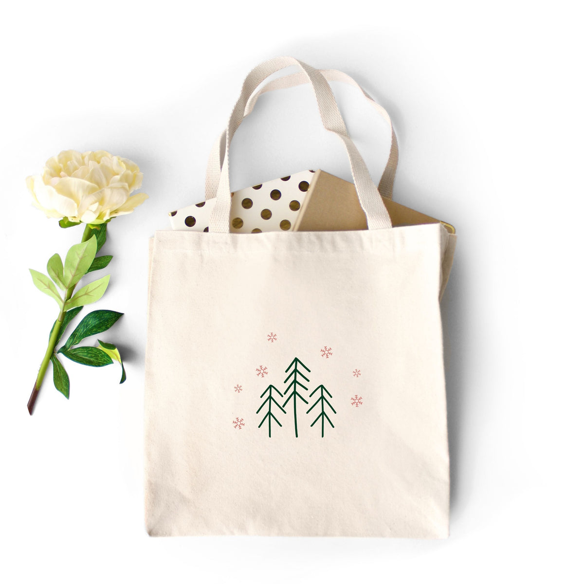 Heavy Cotton Tote Bag – Evergreens &amp; Red Snowflakes