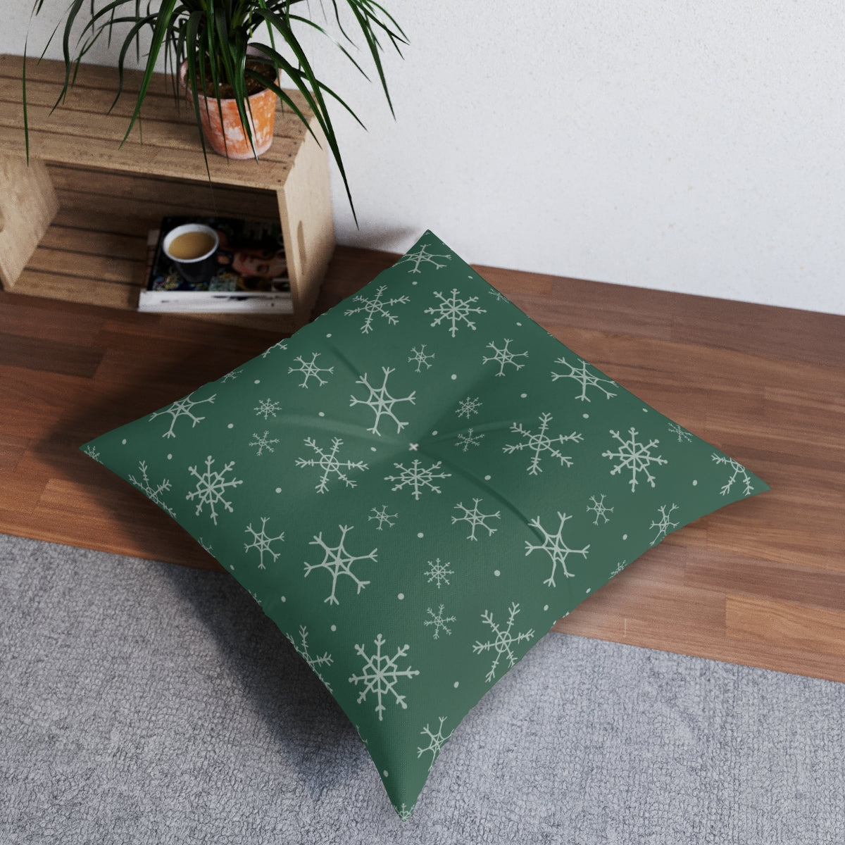 Green Square Tufted Holiday Floor Pillow - Snowflakes