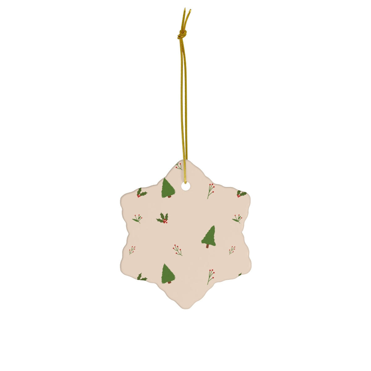 Beige Ceramic Holiday Ornament - Evergreen Trees &amp; Holly