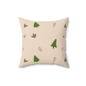 Beige Polyester Square Holiday Pillowcase - Evergreen Trees & Holly