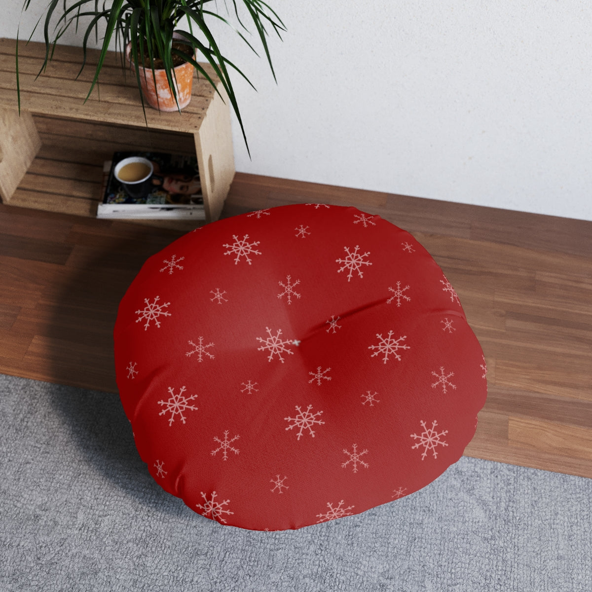 Red Round Tufted Holiday Floor Pillow - Snowflakes