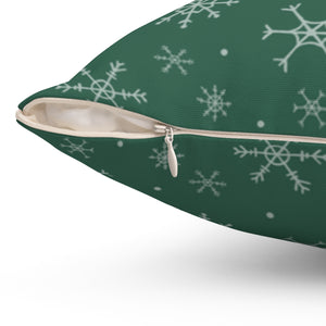 Green Polyester Square Holiday Pillowcase - Snowflakes