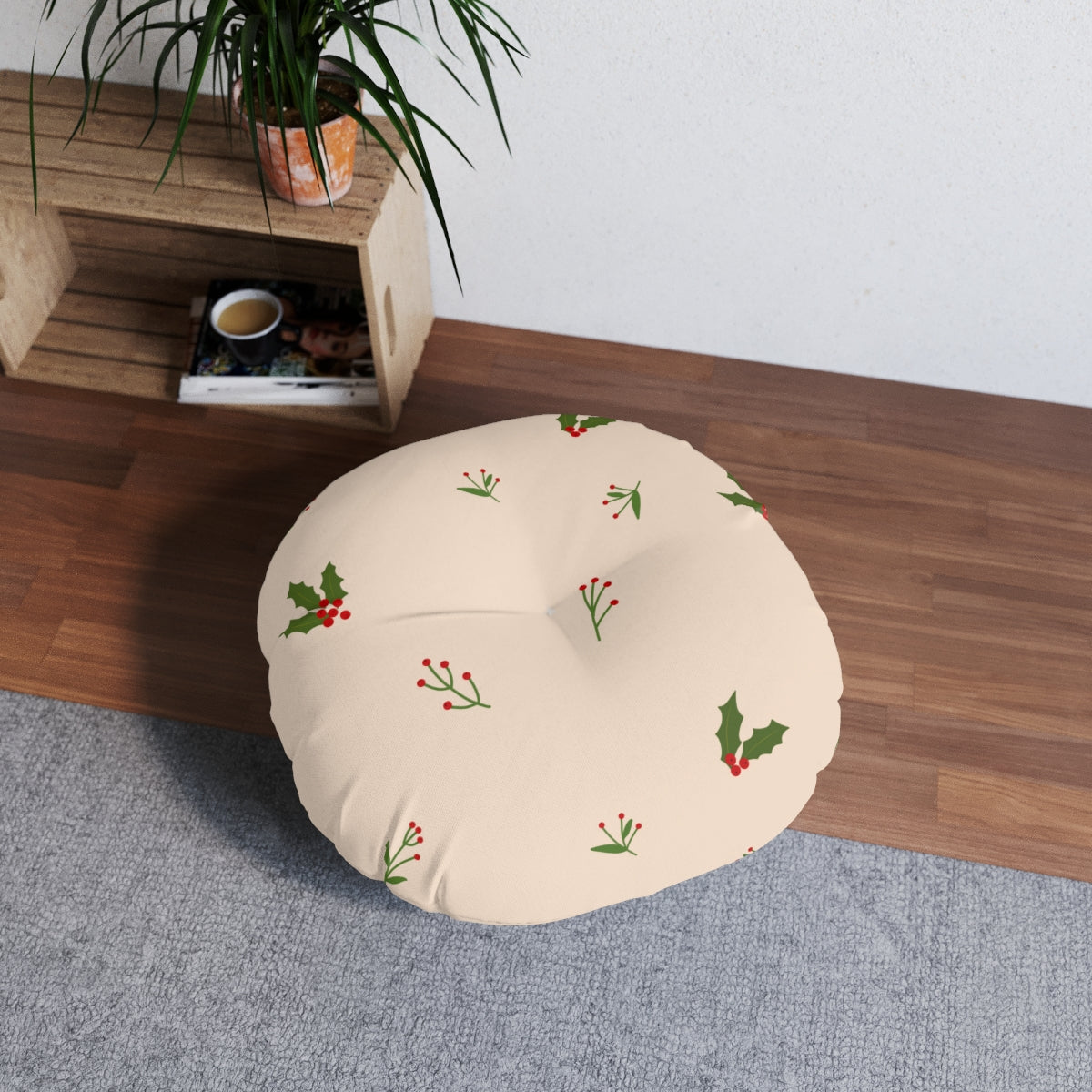Beige Round Tufted Holiday Floor Pillow - Holly