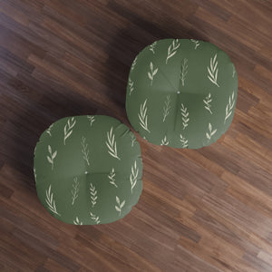 Green Round Tufted Holiday Floor Pillow - White Garland