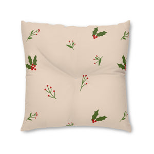 Beige Square Tufted Holiday Floor Pillow - Holly