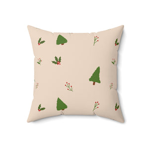 Beige Polyester Square Holiday Pillowcase - Evergreen Trees & Holly