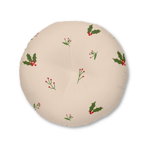 Beige Round Tufted Holiday Floor Pillow - Holly