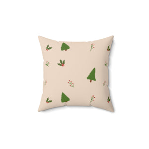Beige Polyester Square Holiday Pillowcase - Evergreen Trees & Holly