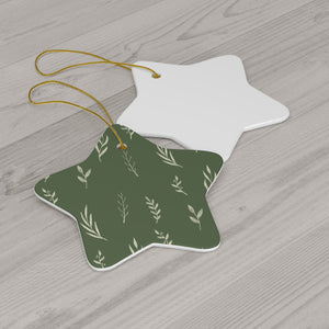 Green Ceramic Holiday Ornament - White Garland