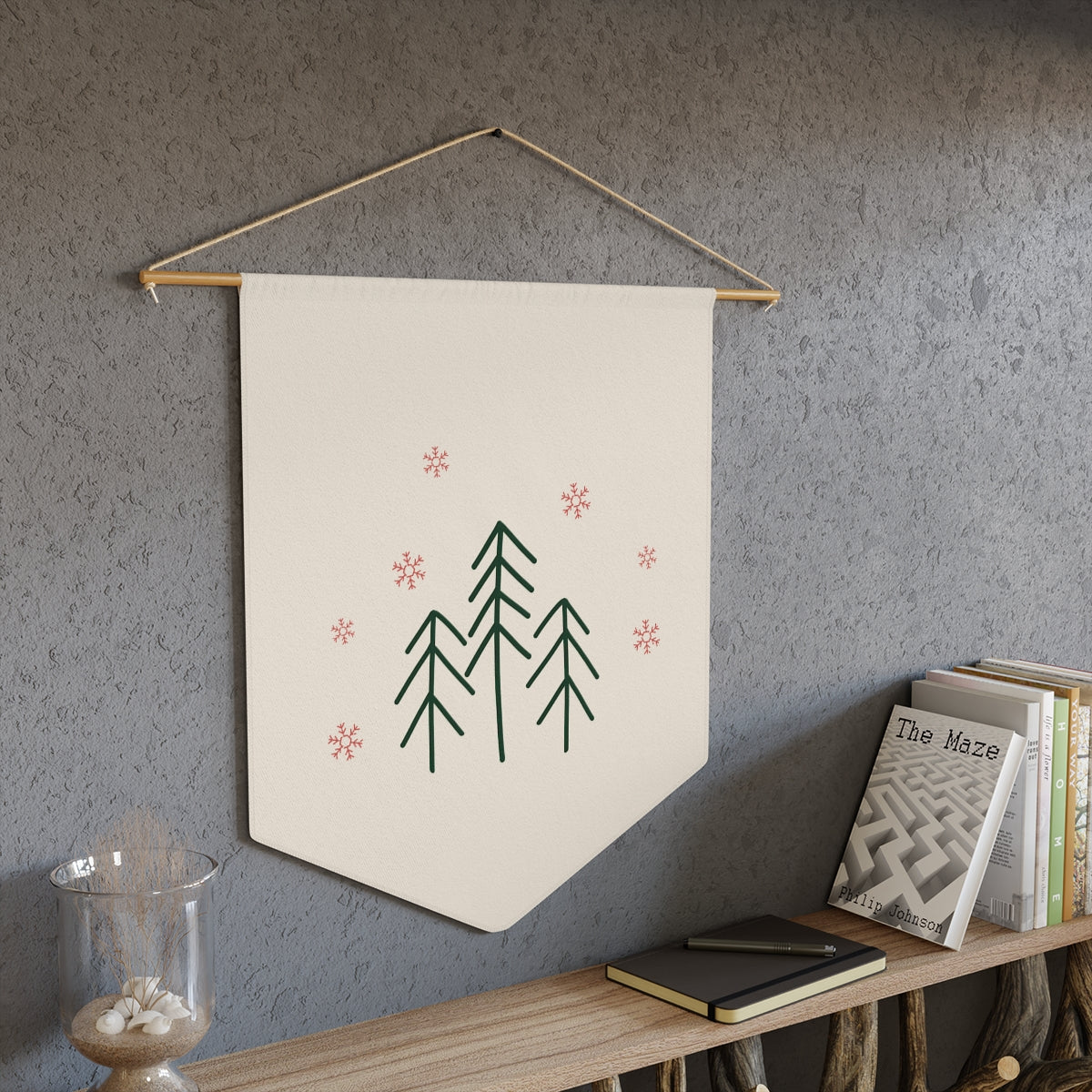 Holiday Pennant - Evergreen Trees &amp; Red Snowflakes