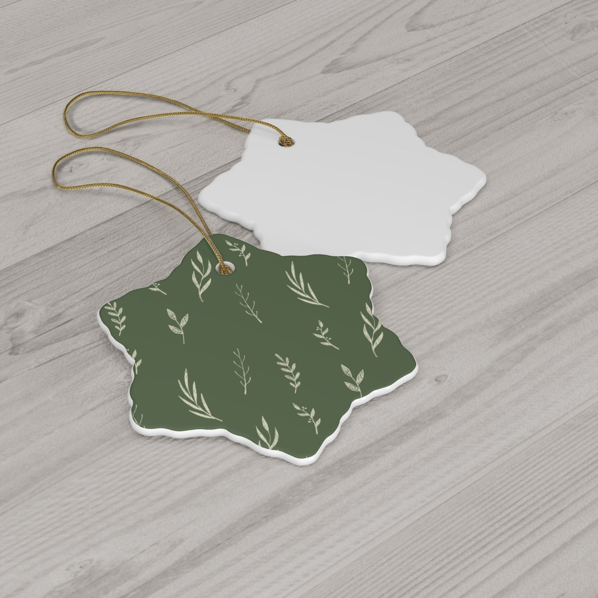 Green Ceramic Holiday Ornament - White Garland