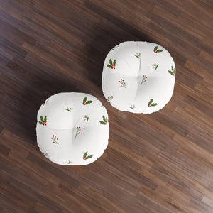 White Round Tufted Holiday Floor Pillow - Holly
