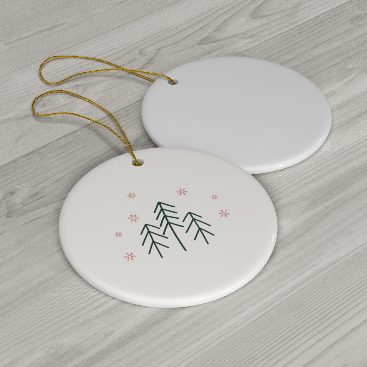 Ceramic Holiday Ornament - Evergreen Trees & Red Snowflakes