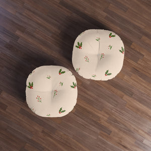 Beige Round Tufted Holiday Floor Pillow - Holly