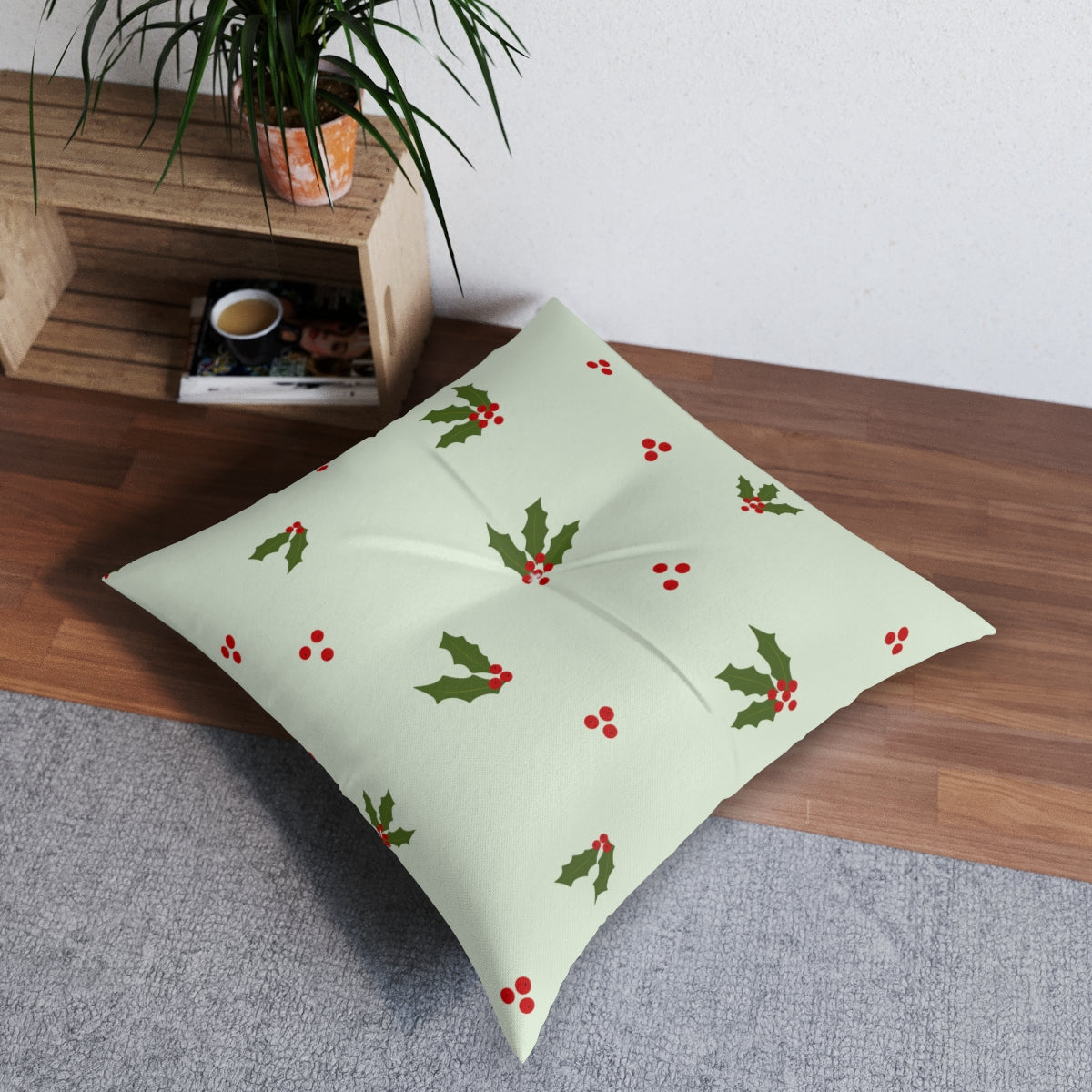 Green Square Tufted Holiday Floor Pillow - Holly