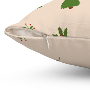 Beige Polyester Square Holiday Pillowcase - Evergreen Trees & Holly