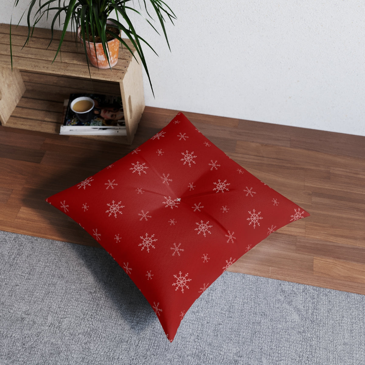 Red Square Tufted Holiday Floor Pillow - Snowflakes
