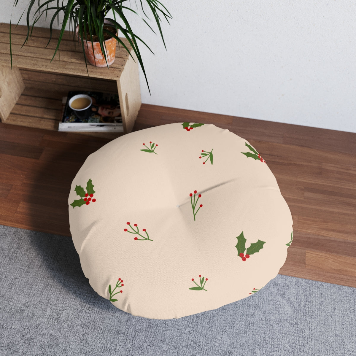 Beige Round Tufted Holiday Floor Pillow - Holly