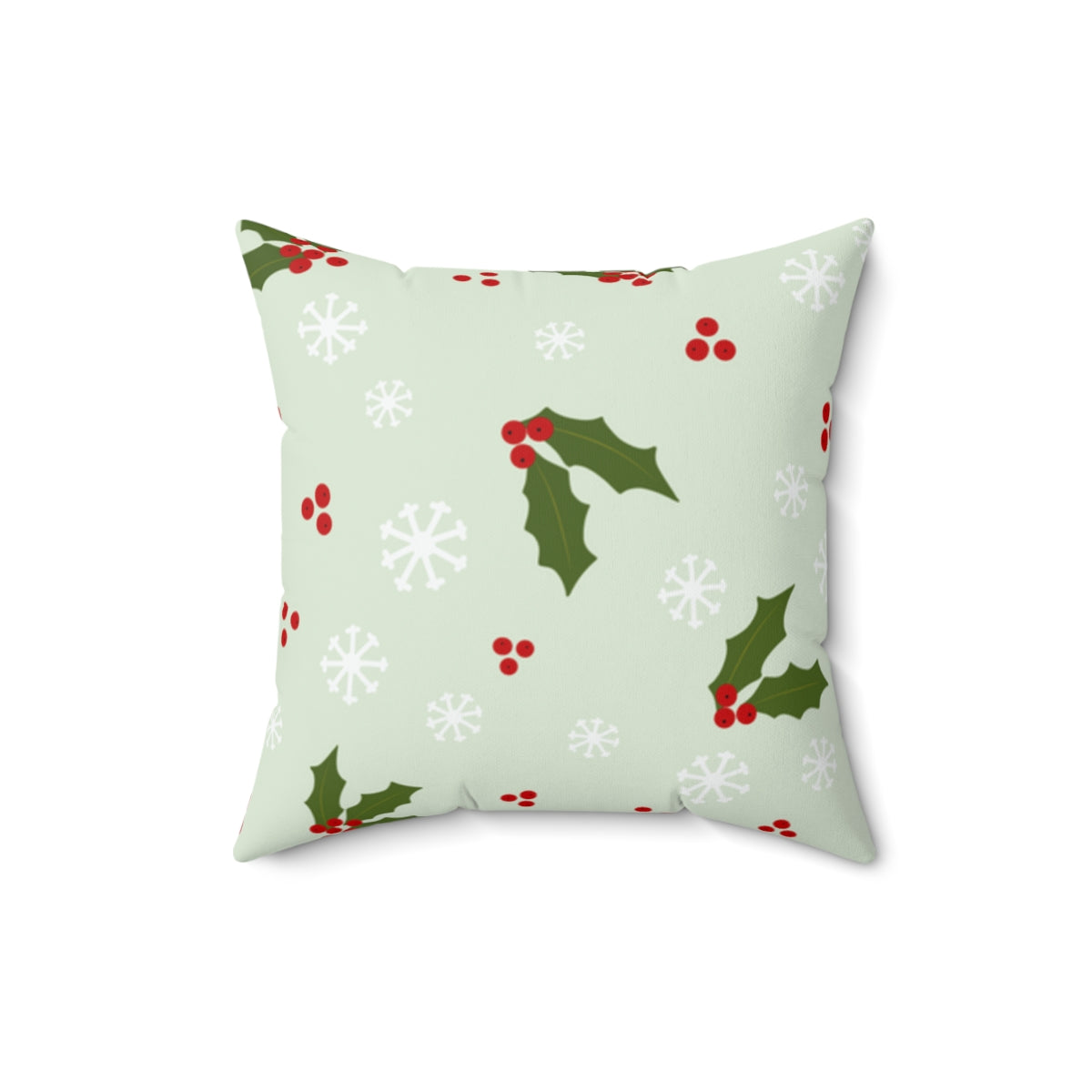 Green Polyester Square Holiday Pillowcase - Holly &amp; Snowflakes