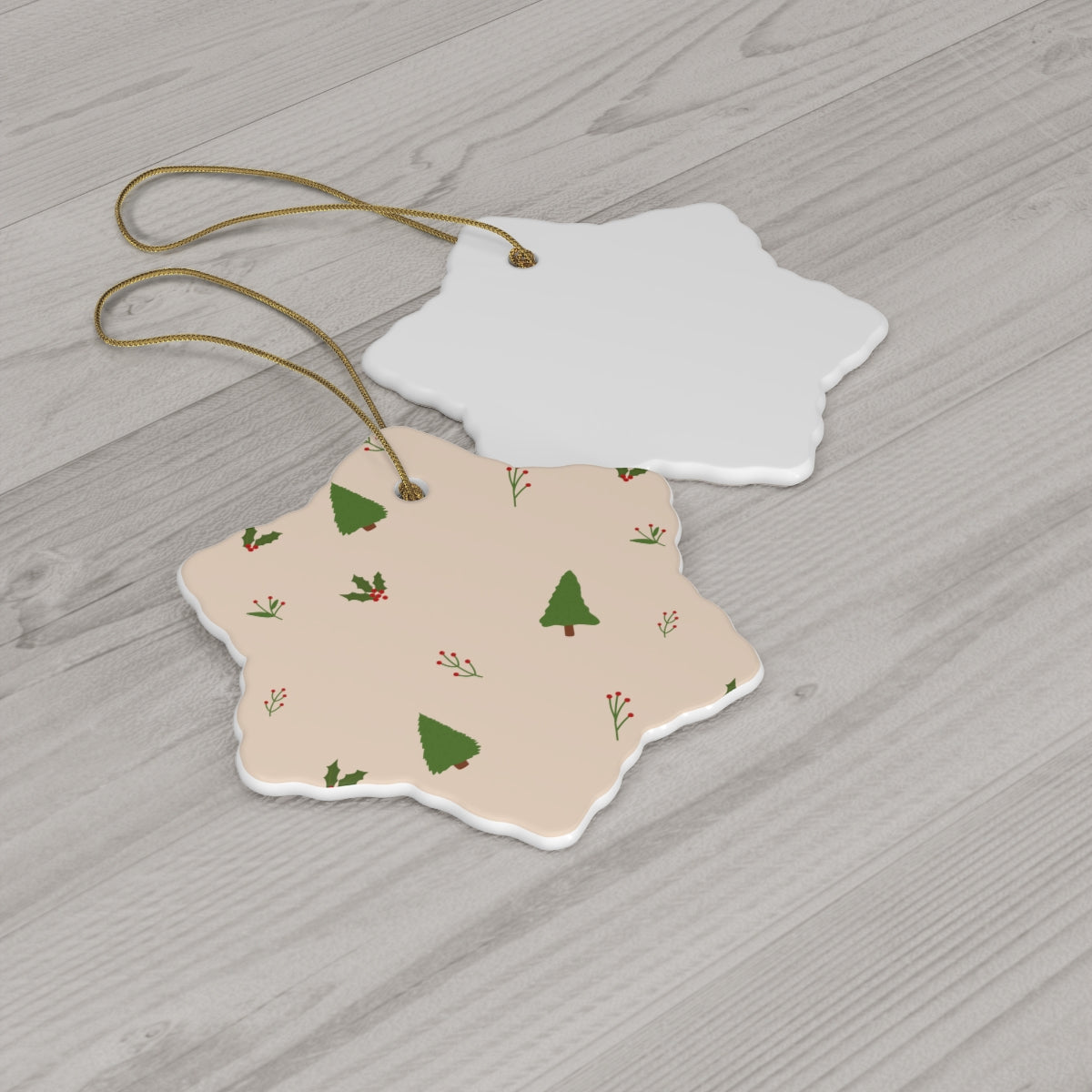 Beige Ceramic Holiday Ornament - Evergreen Trees &amp; Holly