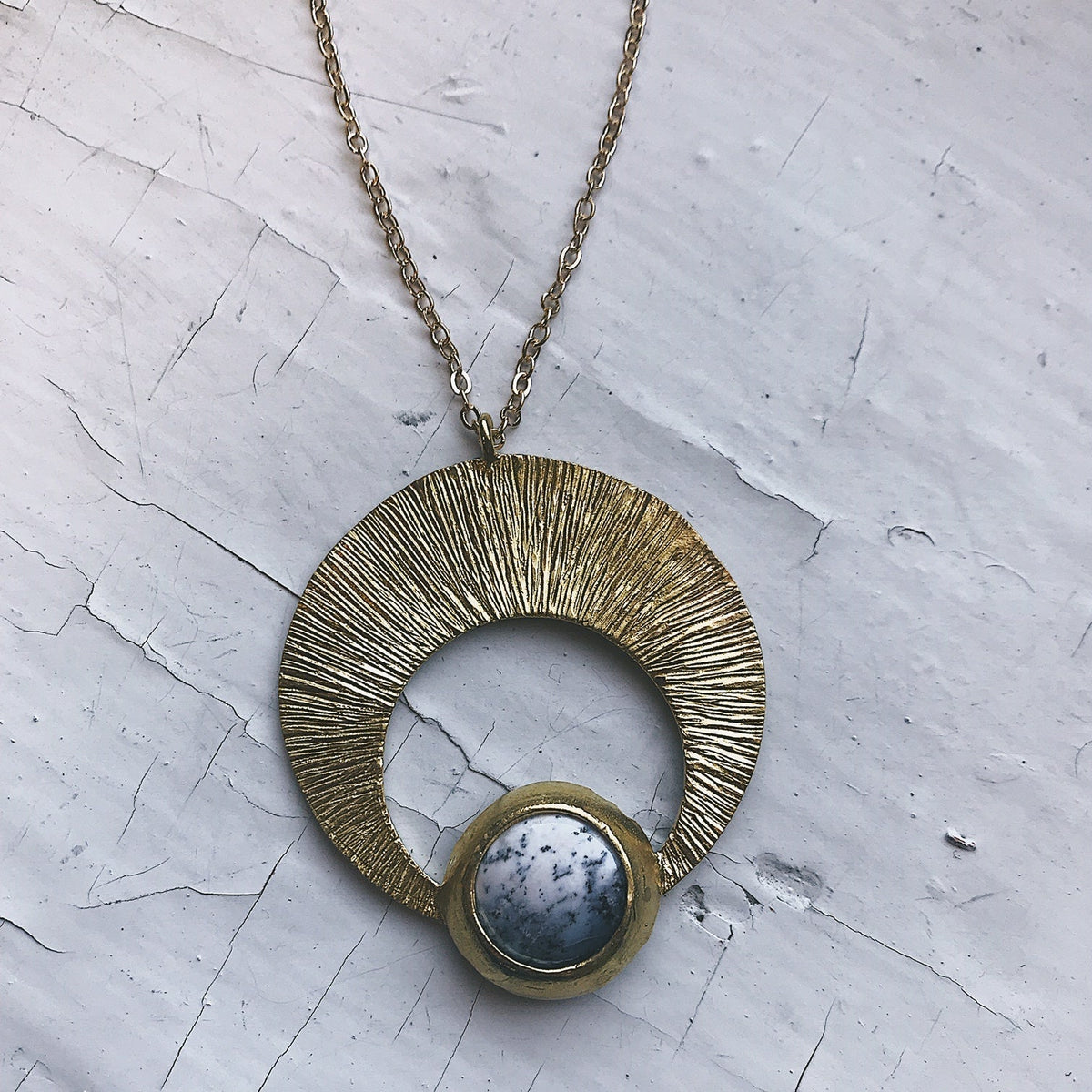 Crescent Moon Pendant with Brass &amp; Dendritic Agate