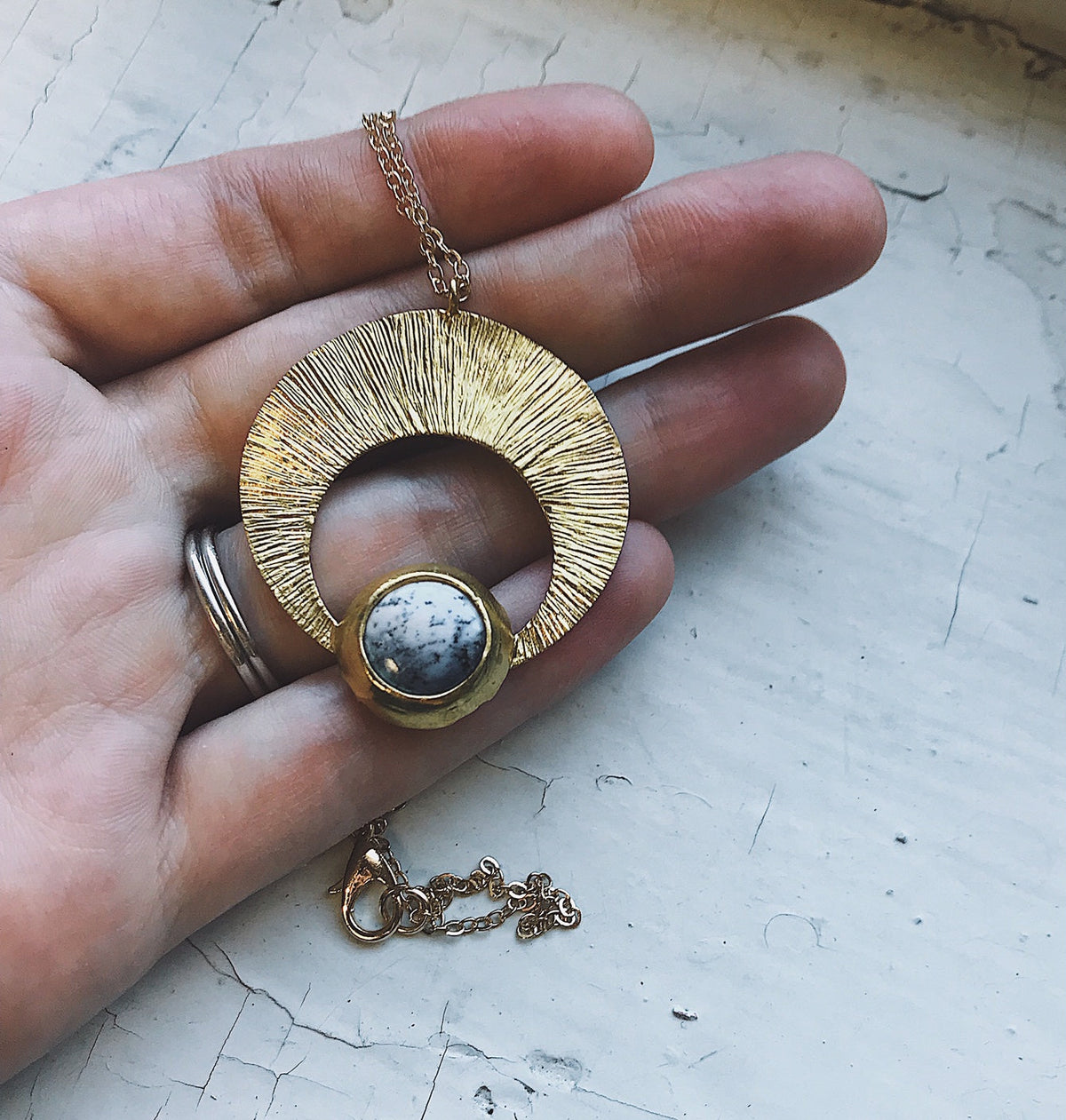 Crescent Moon Pendant with Brass &amp; Dendritic Agate