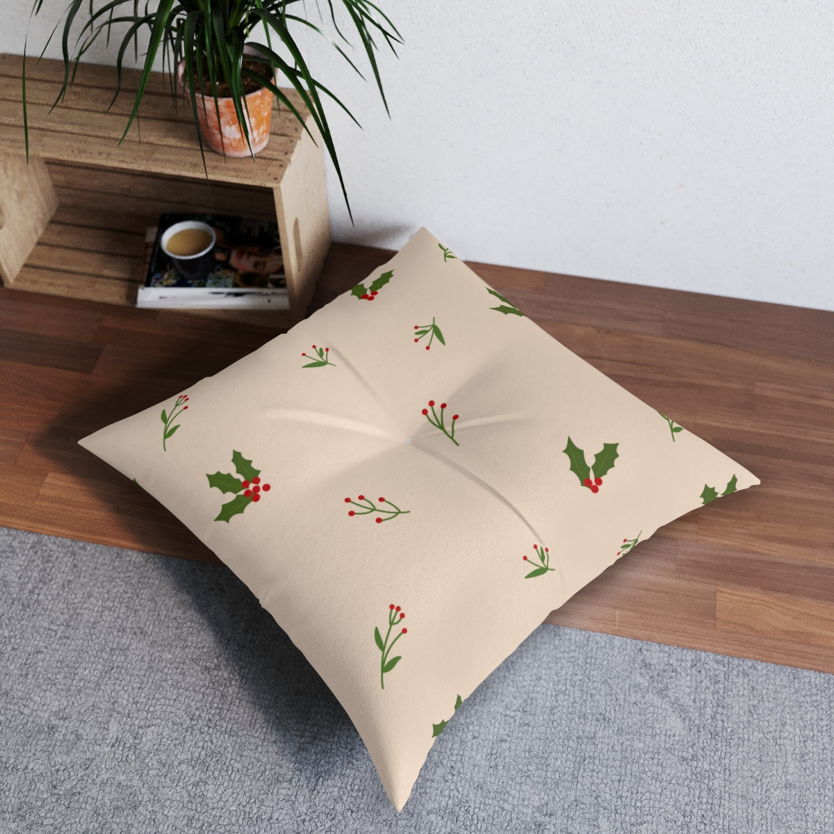 Beige Square Tufted Holiday Floor Pillow - Holly