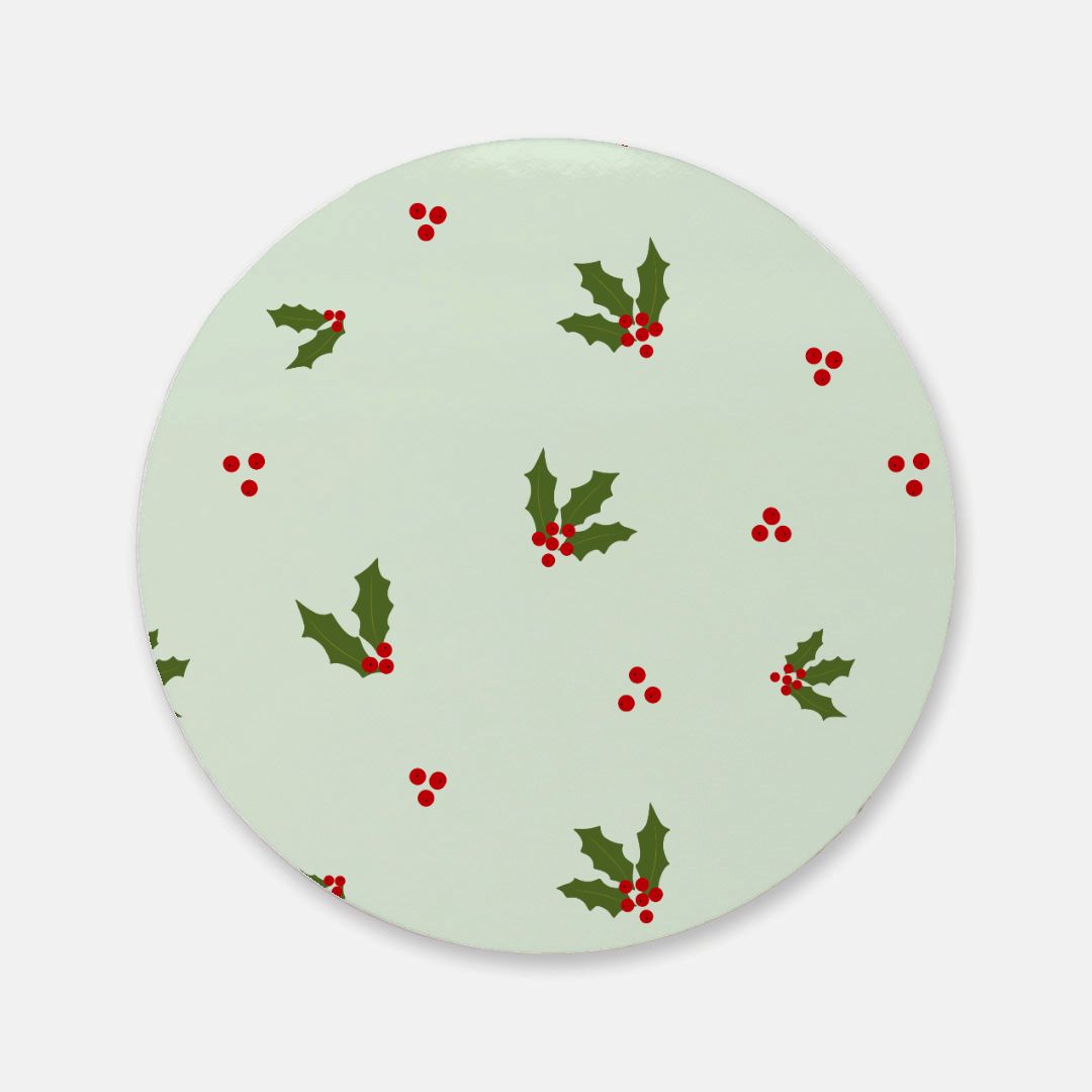 Round Cork Back Coaster - Red &amp; Green Holly