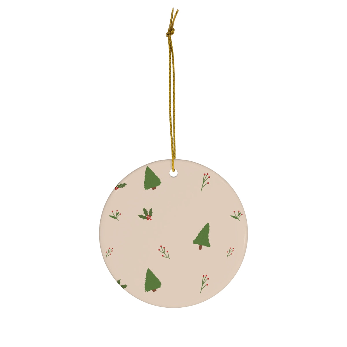 Beige Ceramic Holiday Ornament - Evergreen Trees &amp; Holly