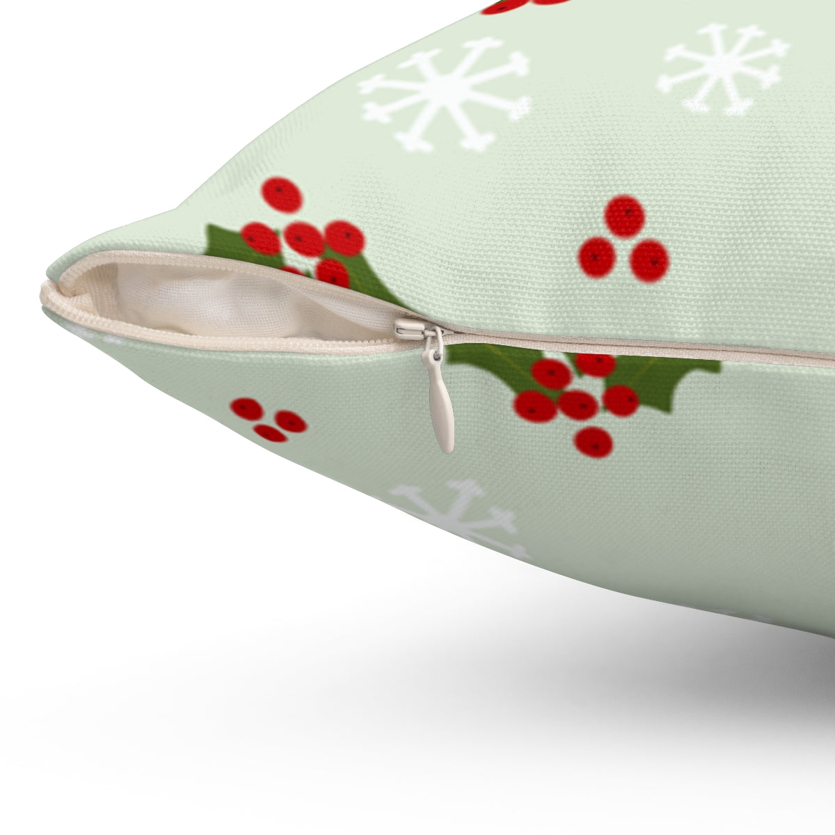 Green Polyester Square Holiday Pillowcase - Holly &amp; Snowflakes