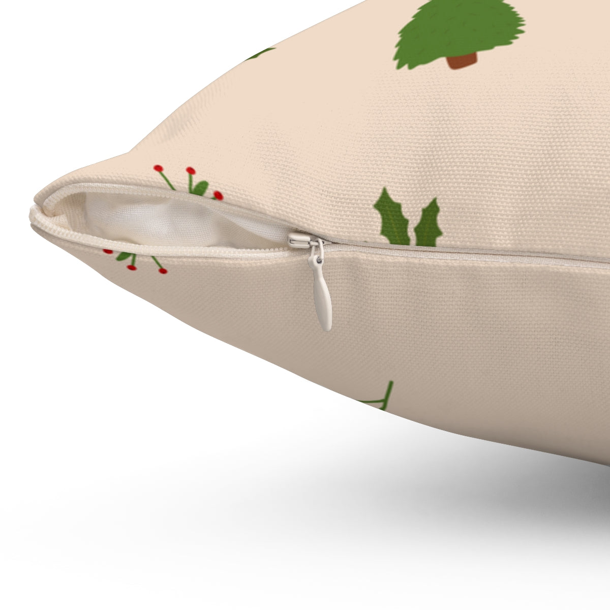 Beige Polyester Square Holiday Pillowcase - Evergreen Trees &amp; Holly