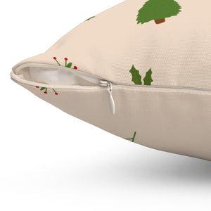 Beige Polyester Square Holiday Pillowcase - Evergreen Trees & Holly