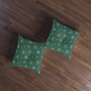 Green Square Tufted Holiday Floor Pillow - Snowflakes