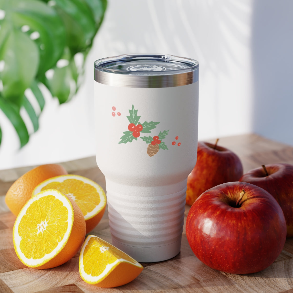 30oz White Ringneck Holiday Tumbler - Pinecones &amp; Holly