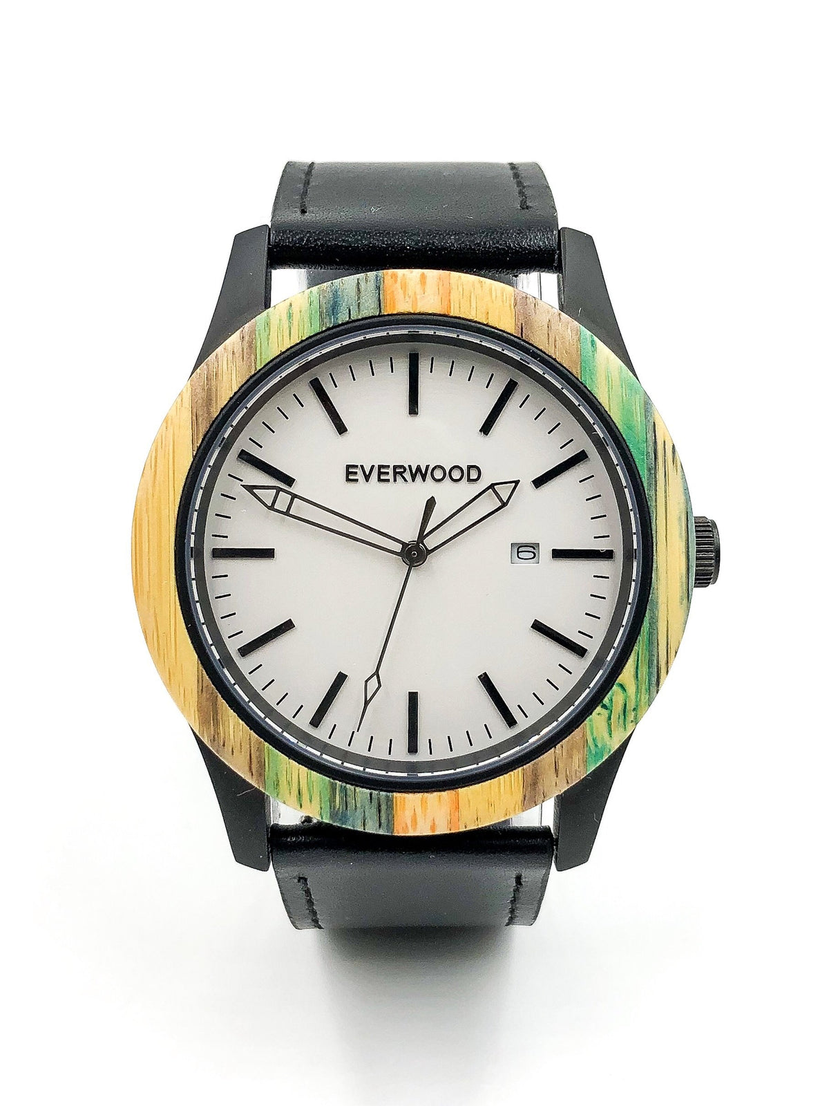 Multi Bamboo &amp; Black Leather Watch
