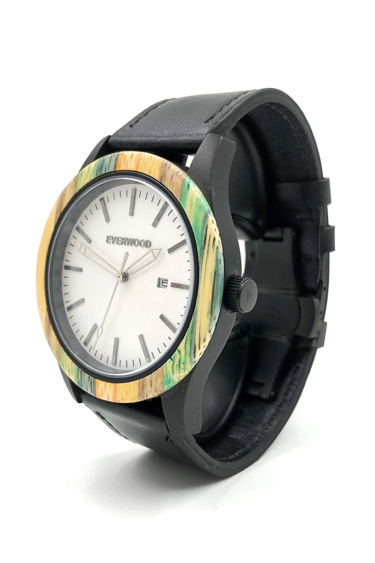 Multi Bamboo &amp; Black Leather Watch